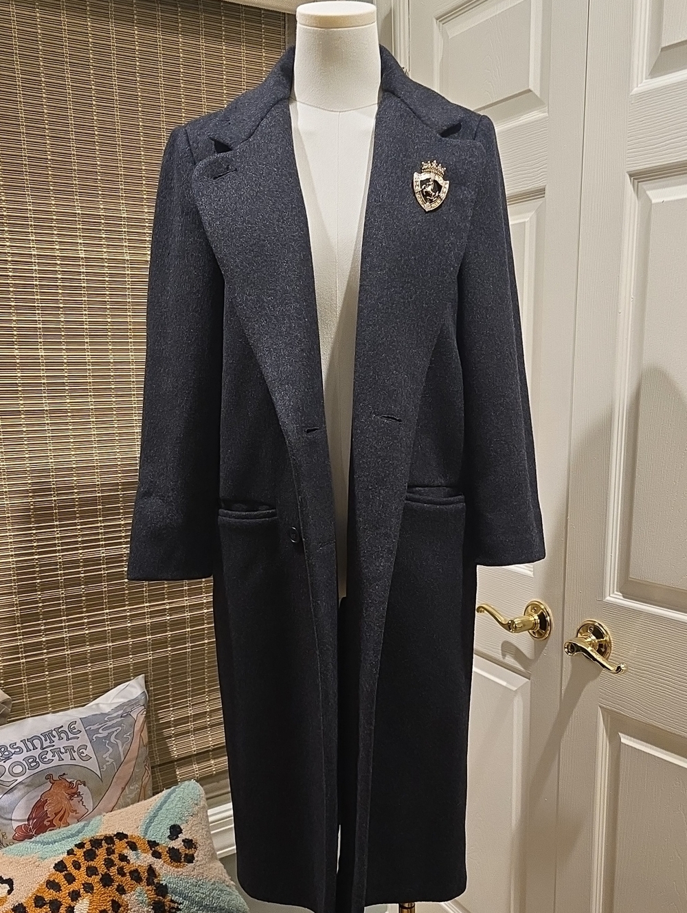 Womens Long Charcoal Wool-Blend Overcoat